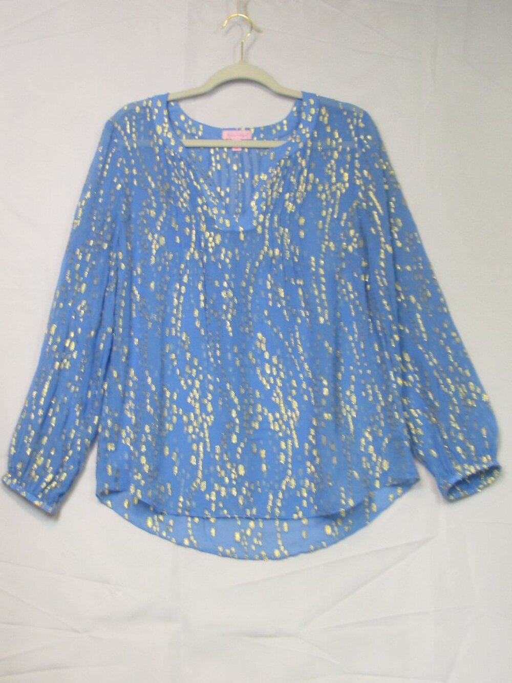 Lilly Pulitzer Colby Silk Blend Gold Metallic Dot V-Neck Blouse Sheer Blue Sz M - Picture 2 of 9